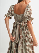 Load image into Gallery viewer, Brown Plaid Bow Detail Tiered Midi Dress