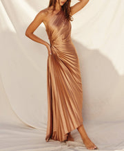 Load image into Gallery viewer, Golden Sand Olympia Asymmetrical Pleated Maxi Dress