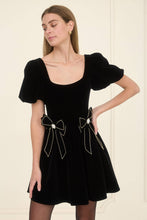 Load image into Gallery viewer, Velvet Pearl Bow Black Mini Dress