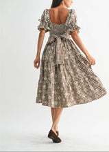 Load image into Gallery viewer, Brown Plaid Bow Detail Tiered Midi Dress