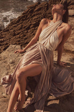 Load image into Gallery viewer, Grecian Goddess Satin Crisscross Halter Maxi Dress
