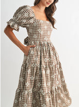 Load image into Gallery viewer, Brown Plaid Bow Detail Tiered Midi Dress