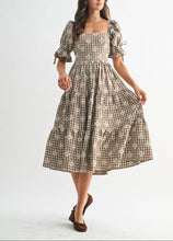 Load image into Gallery viewer, Brown Plaid Bow Detail Tiered Midi Dress