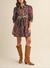 Load image into Gallery viewer, Plum Wine Floral Puff Sleeve Dress