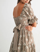 Load image into Gallery viewer, Brown Plaid Bow Detail Tiered Midi Dress
