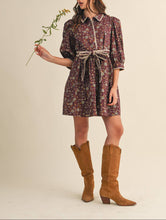 Load image into Gallery viewer, Plum Wine Floral Puff Sleeve Dress