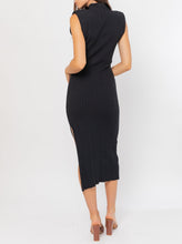 Load image into Gallery viewer, Mock Neck Power Shoulder Ribbed Slit Dress
