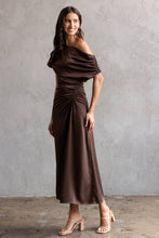 Load image into Gallery viewer, Chocolate Brown One Shoulder Ruched Midi Dress