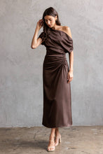 Load image into Gallery viewer, Chocolate Brown One Shoulder Ruched Midi Dress