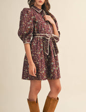 Load image into Gallery viewer, Plum Wine Floral Puff Sleeve Dress