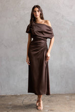 Load image into Gallery viewer, Chocolate Brown One Shoulder Ruched Midi Dress