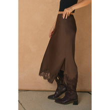 Load image into Gallery viewer, Dark Chocolate Satin Lace Hem Pencil Skirt