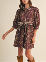 Load image into Gallery viewer, Plum Wine Floral Puff Sleeve Dress