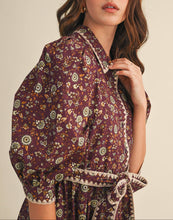 Load image into Gallery viewer, Plum Wine Floral Puff Sleeve Dress