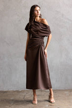 Load image into Gallery viewer, Chocolate Brown One Shoulder Ruched Midi Dress