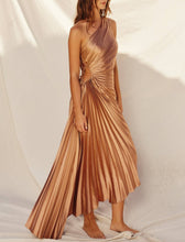 Load image into Gallery viewer, Golden Sand Olympia Asymmetrical Pleated Maxi Dress