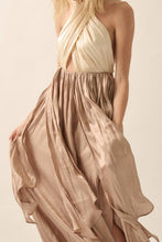 Load image into Gallery viewer, Grecian Goddess Satin Crisscross Halter Maxi Dress
