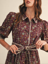 Load image into Gallery viewer, Plum Wine Floral Puff Sleeve Dress