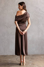 Load image into Gallery viewer, Chocolate Brown One Shoulder Ruched Midi Dress