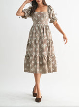 Load image into Gallery viewer, Brown Plaid Bow Detail Tiered Midi Dress