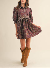 Load image into Gallery viewer, Plum Wine Floral Puff Sleeve Dress