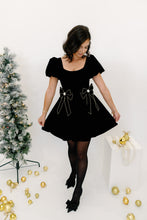 Load image into Gallery viewer, Velvet Pearl Bow Black Mini Dress