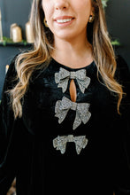 Load image into Gallery viewer, Holiday Sparkle Bow Velvet Mini Dress