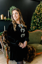 Load image into Gallery viewer, Holiday Sparkle Bow Velvet Mini Dress