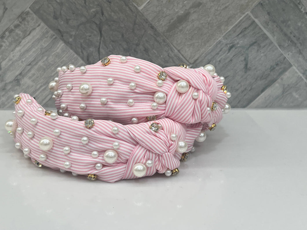 The Pink Seersucker Crystal & Pearl Top Knot Headband