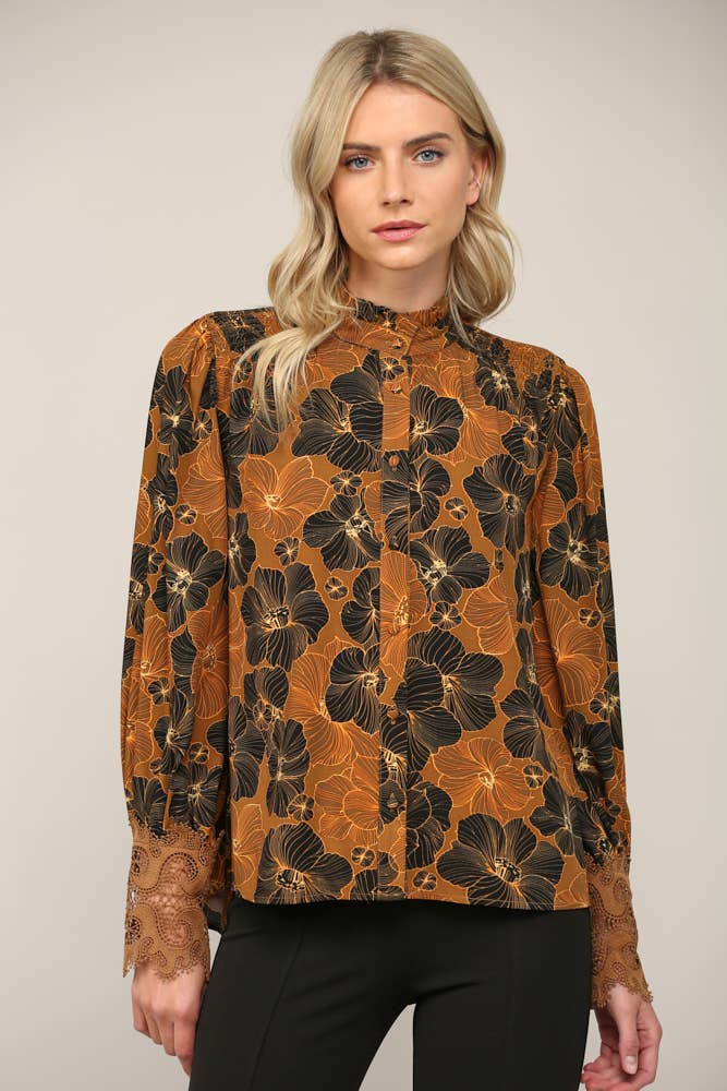 Camel Floral Lace Cuff High Neck Blouse