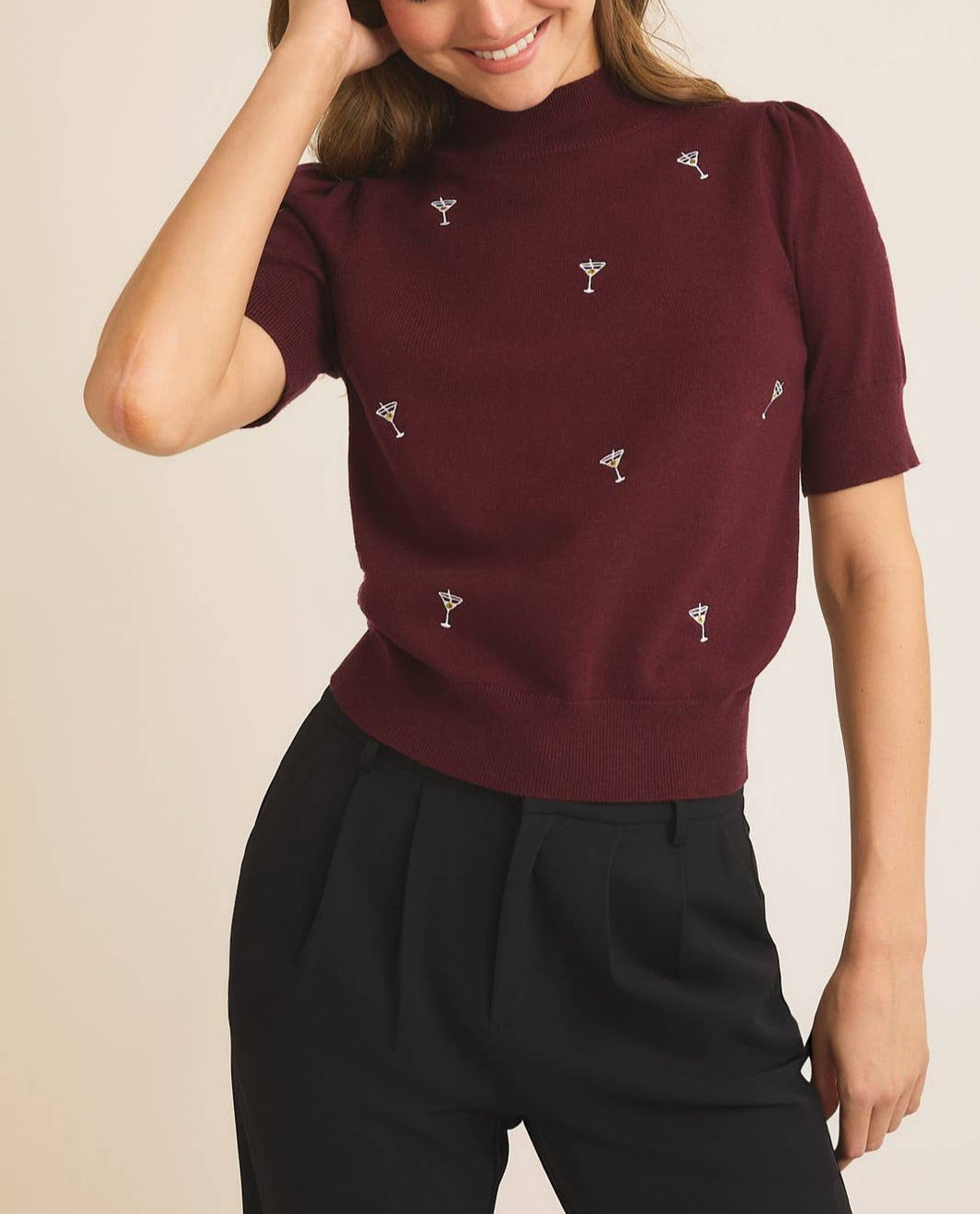 Mock Neck 'Martini' Embroidered Knit Top