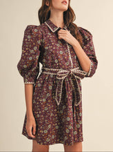 Load image into Gallery viewer, Plum Wine Floral Puff Sleeve Dress
