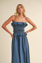 Load image into Gallery viewer, Ruffled Strapless Denim Midi Dress

