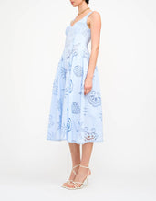 Load image into Gallery viewer, Reagan Embroidered Corset Blue Midi Dress
