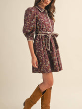 Load image into Gallery viewer, Plum Wine Floral Puff Sleeve Dress
