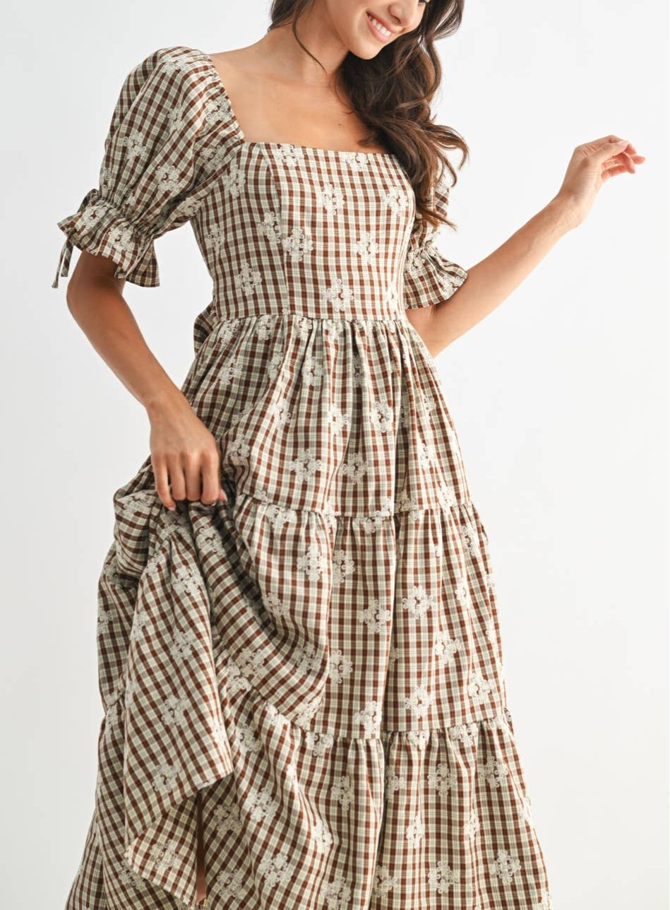 Brown Plaid Bow Detail Tiered Midi Dress **PREORDER 09/30**