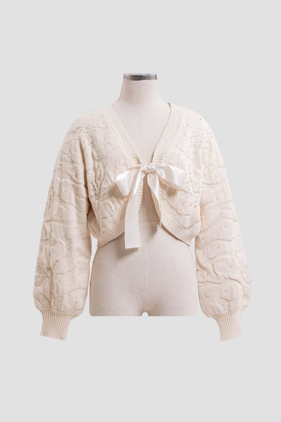 Satin Ribbon Jacquard Pearl Cardigan Sweater