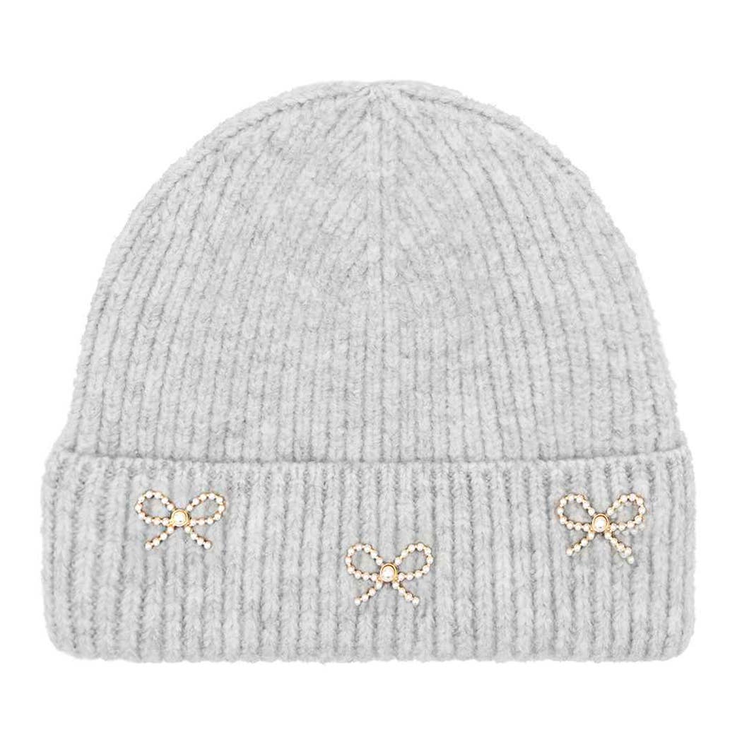 Pearl Bow Embellished Winter Beanie