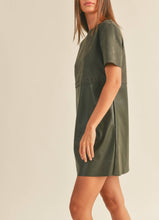 Load image into Gallery viewer, Olive Faux Leather Suede Combo Shift Dress
