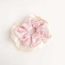 Load image into Gallery viewer, Pink &amp; Cream Ruffle Lace Ribbon Scrunchie
