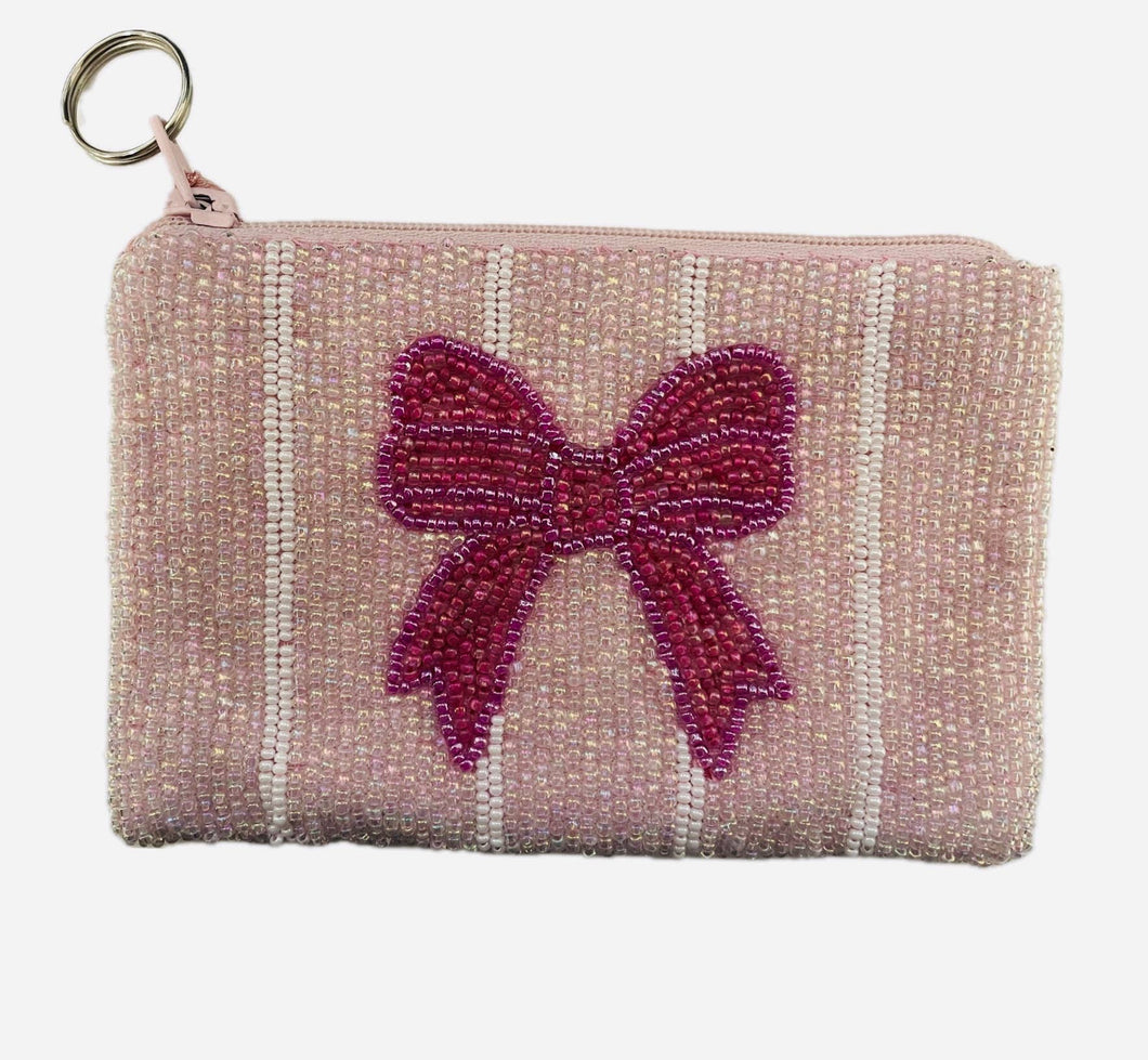 Pink Bow Beaded Zip Pouch