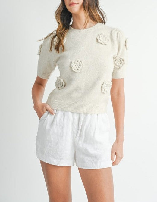 Flower Trimmed Puff Sleeve Sweater Top