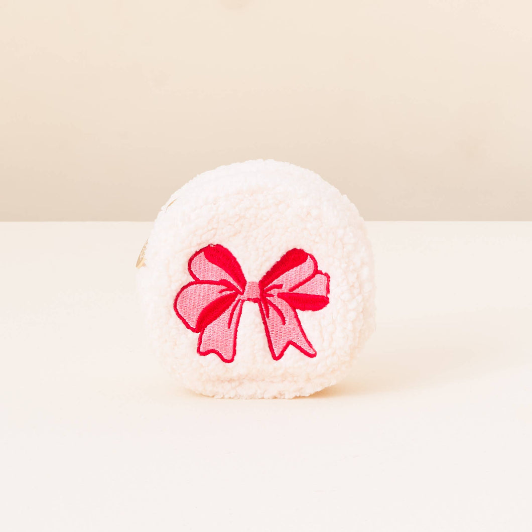 Red Bow Circle Sherpa Teddy Pouch