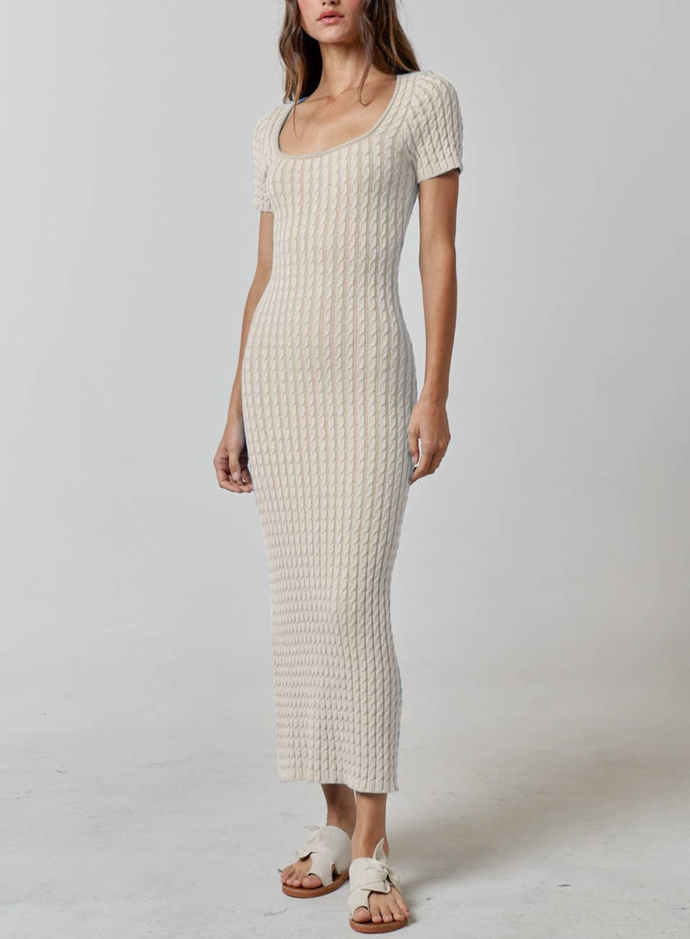 Cable Knit Short Sleeve Sweater Maxi Dress