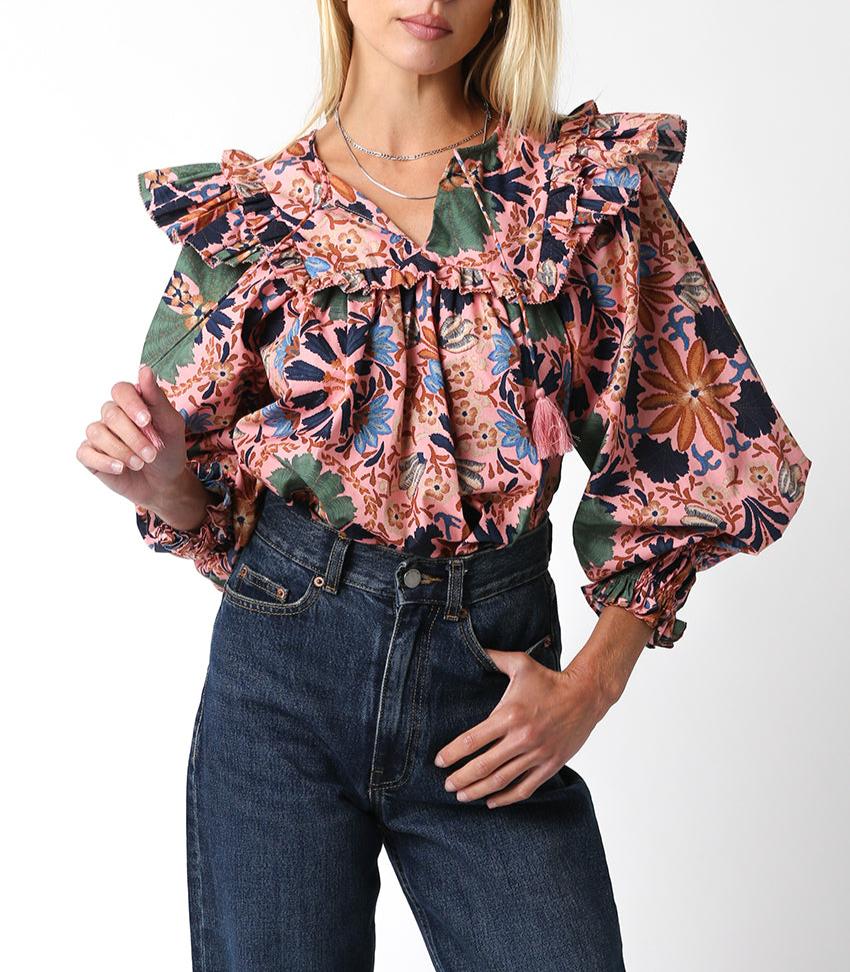 The Candice Woven Ruffle Long Sleeve Top