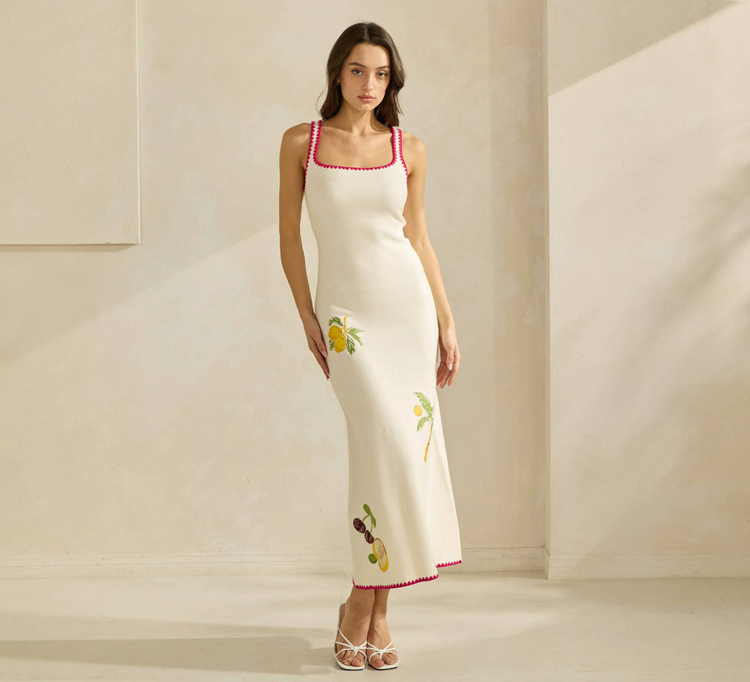 Amalfi Coast Lemon Embroidered Sweater Dress