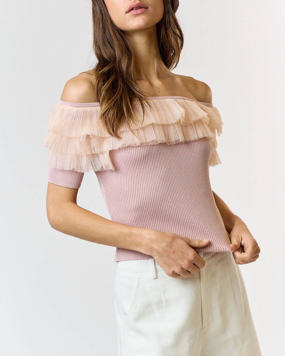 Tulle Ruffle Off The Shoulder Sweater Top