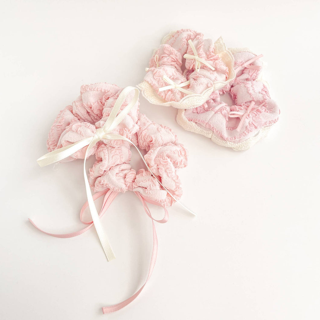 Pink & Cream Ruffle Lace Ribbon Scrunchie