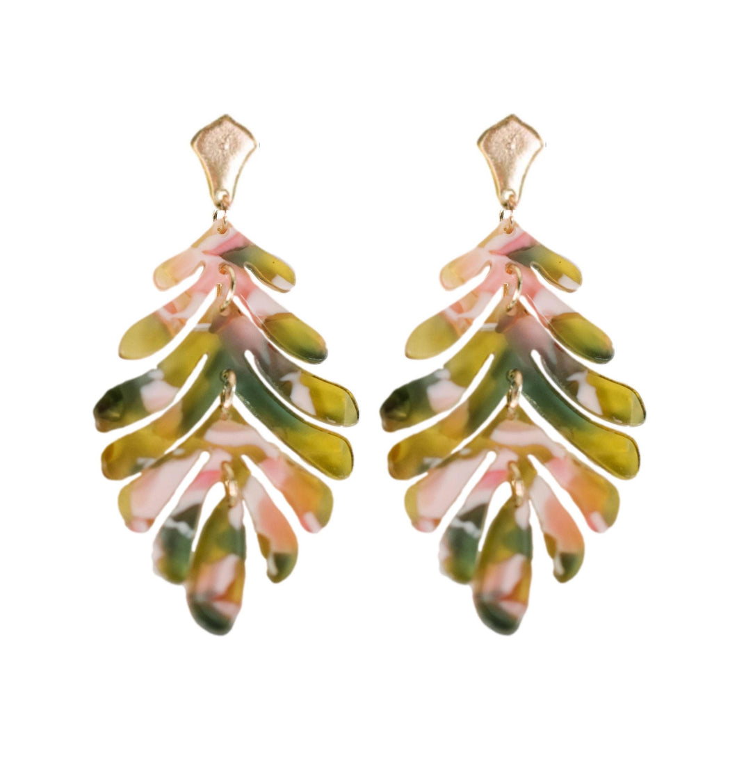 Pink & Green Camo Petite Palm Statement Drop Earrings