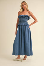 Load image into Gallery viewer, Ruffled Strapless Denim Midi Dress
